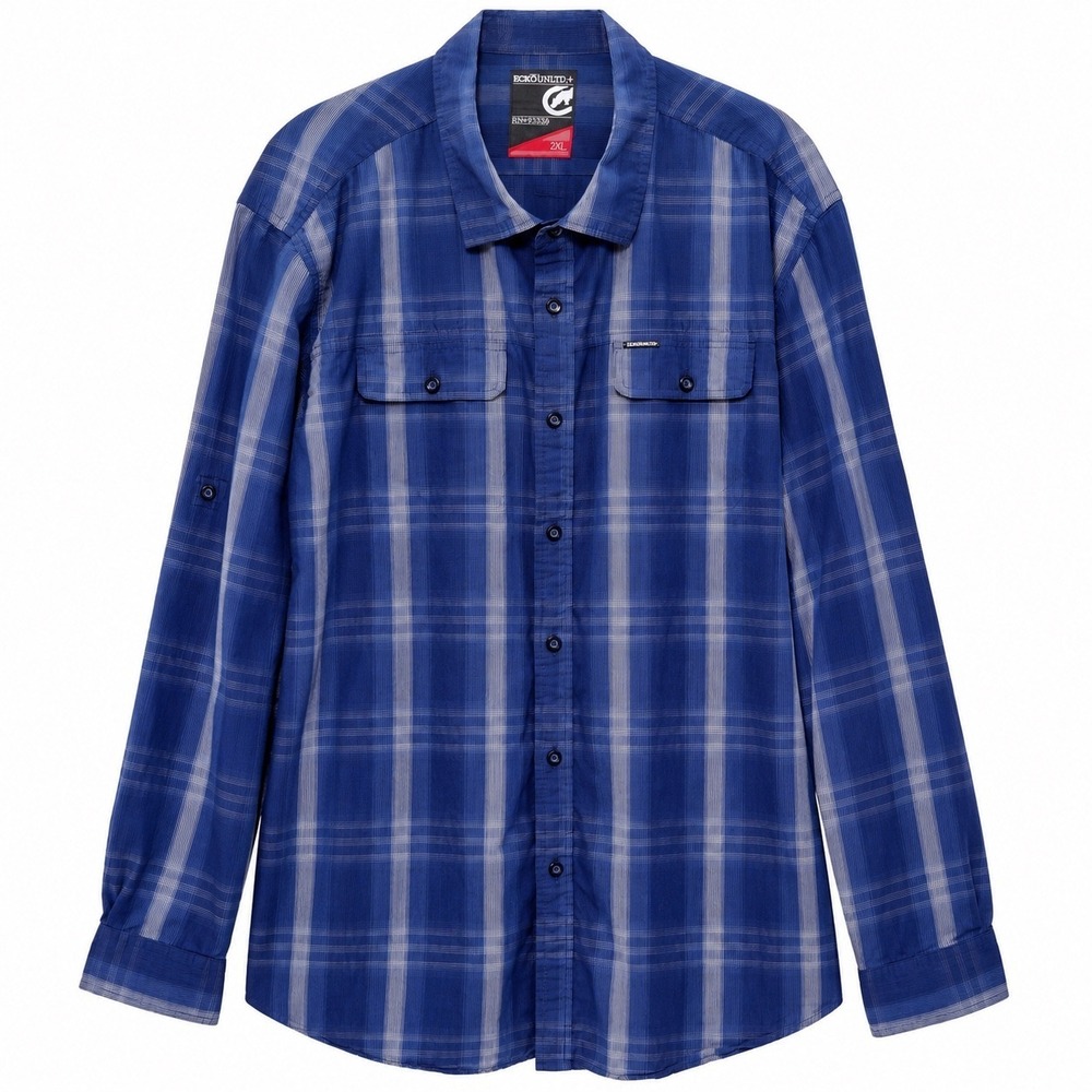 ECKO UNLTD Men's 2XL Blue Plaid Long Sleeve Button Up Shirt Y2K Streetwear Rhino